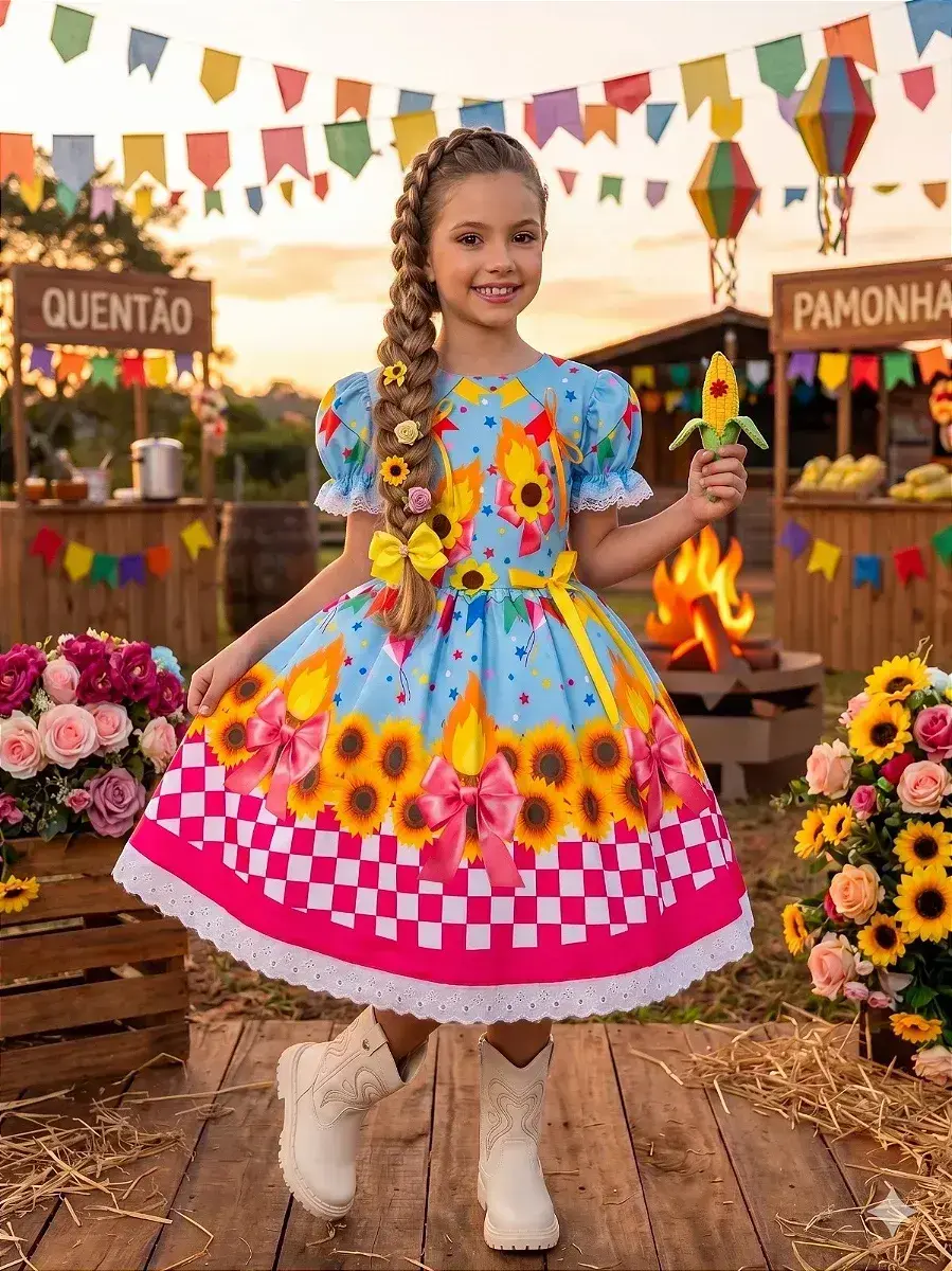 Vestido junino festa quadrilha das estrelas azul