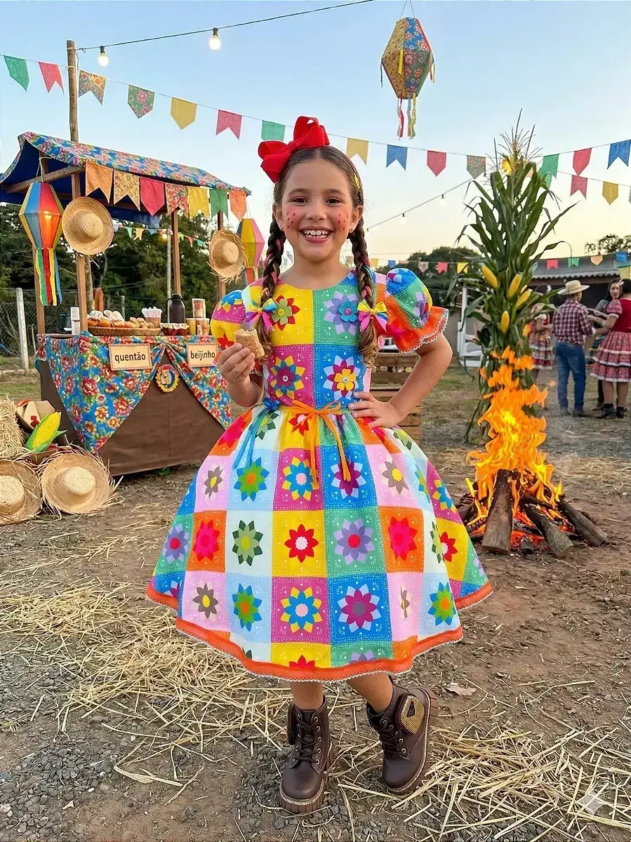 Vestido junino festa elegante laranja