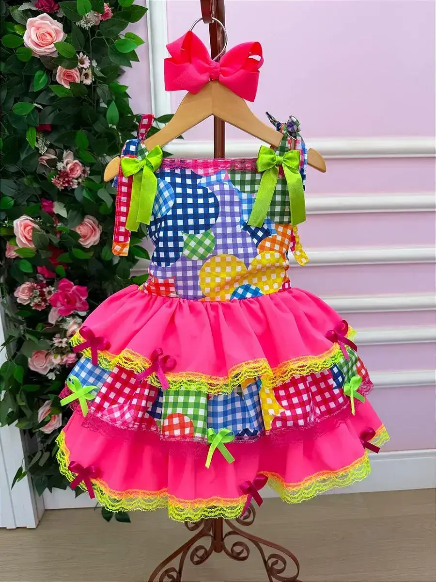 Vestido junino festa encanto da roça rosa neon, foto 4