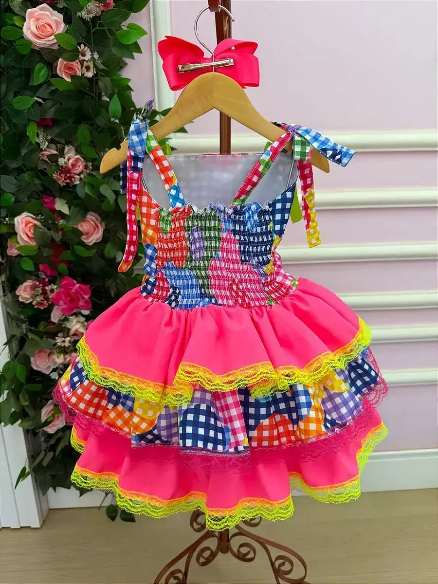 Vestido junino festa encanto da roça rosa neon, foto 9