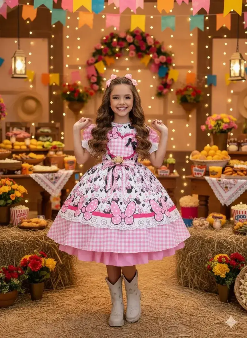 Vestido junino festa Minnie minei rosa