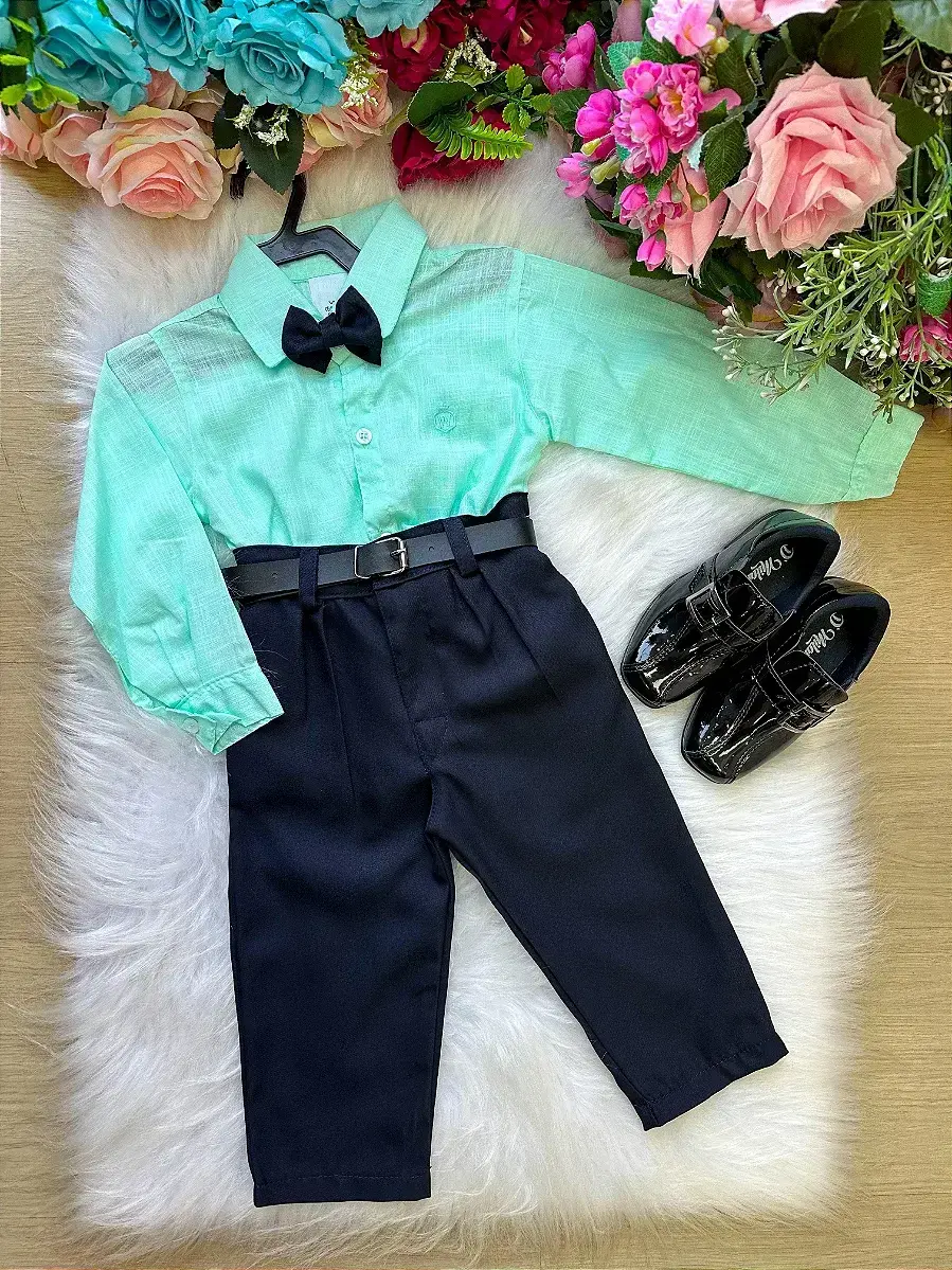Conjunto masculino social verde linho com calça preta