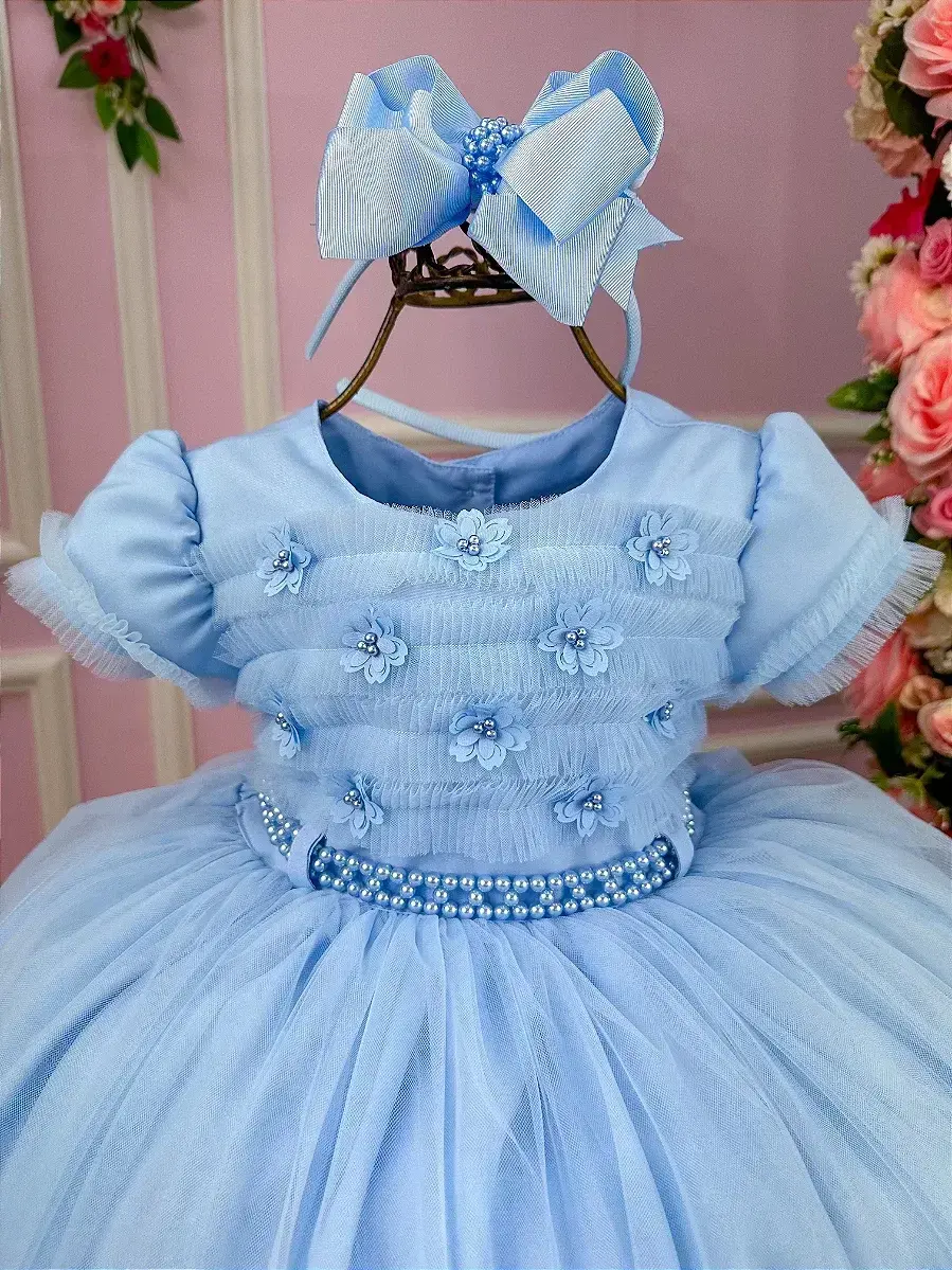 Vestido azul florzinha peito tule, foto 3